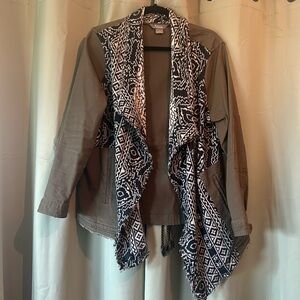Natural Reflections Jacket Women L Open Front Olive Green Aztec Trim Waterfall